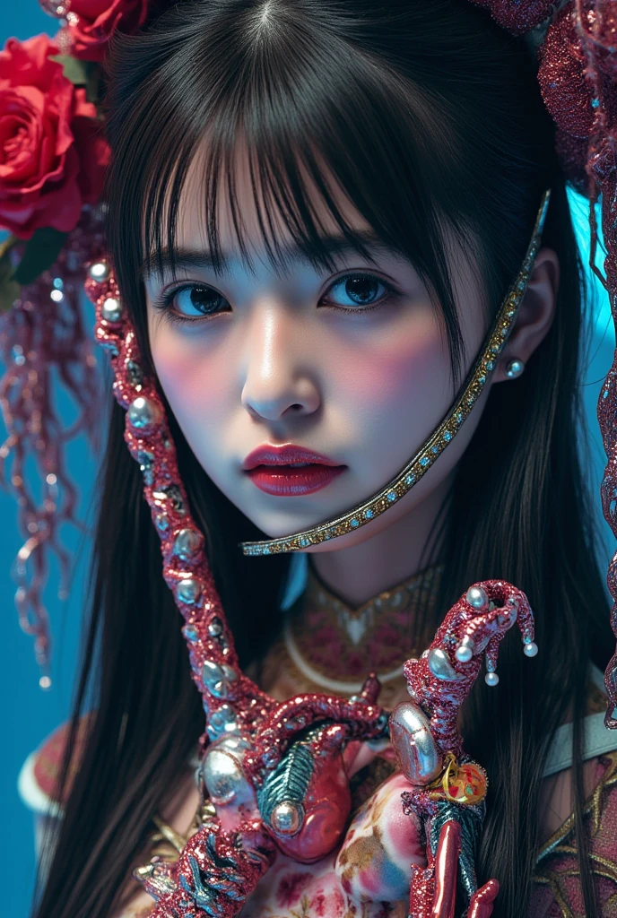 Dilraba Dilmurat, beautiful female alien humanoid with Pumpkin as head, dripping crimson goo tendrils as hair, metallic biological hangar background, HR Giger horror style, photorealistic, DSLR, HDR
