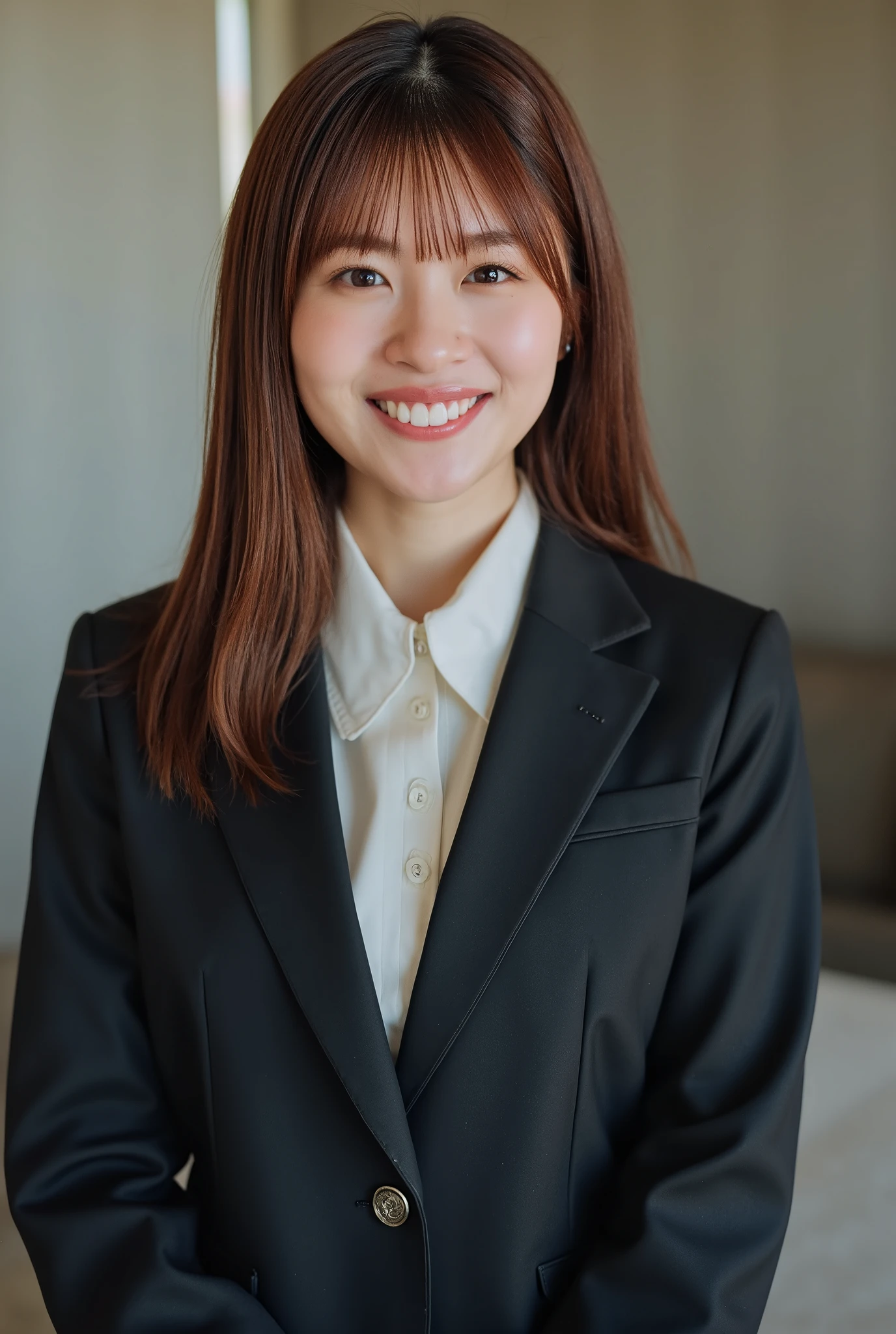 Neat Young Woman、and look at the camera、smile showing teeth、office lady suit、jacket、shirt、髪型ショートカット、 、dark eyeshadow、upper body、Background is in a room、