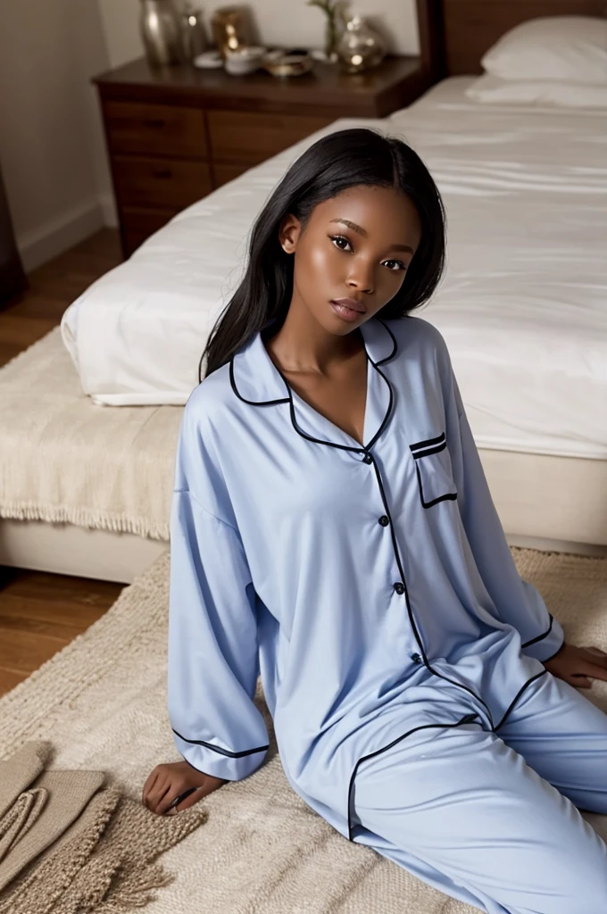 (Maintain the face of the previous prompt) An ultra hot young beautiful African woman, age 19, black curly hair, height 5′ 6″. she's a playmate, men's magazine model,
Action Prompt: bedroom, in bed, in the morning, she wears pajamas, a soft, lightweight, long-sleeved shirt of cotton material with fun and playful print of little sleeping moons and stars, sexy
Physical features Prompt: Perfect anatomy, perfect hair, perfect breast, perfect body, perfect hands, perfect face, totally realistic, human skin, perfect, wide hips, thick thighs, big ass, UHD, cleavage
Environment/background: bedroom, king size bed, bedsheets, pillows, blanket, ambient lighting