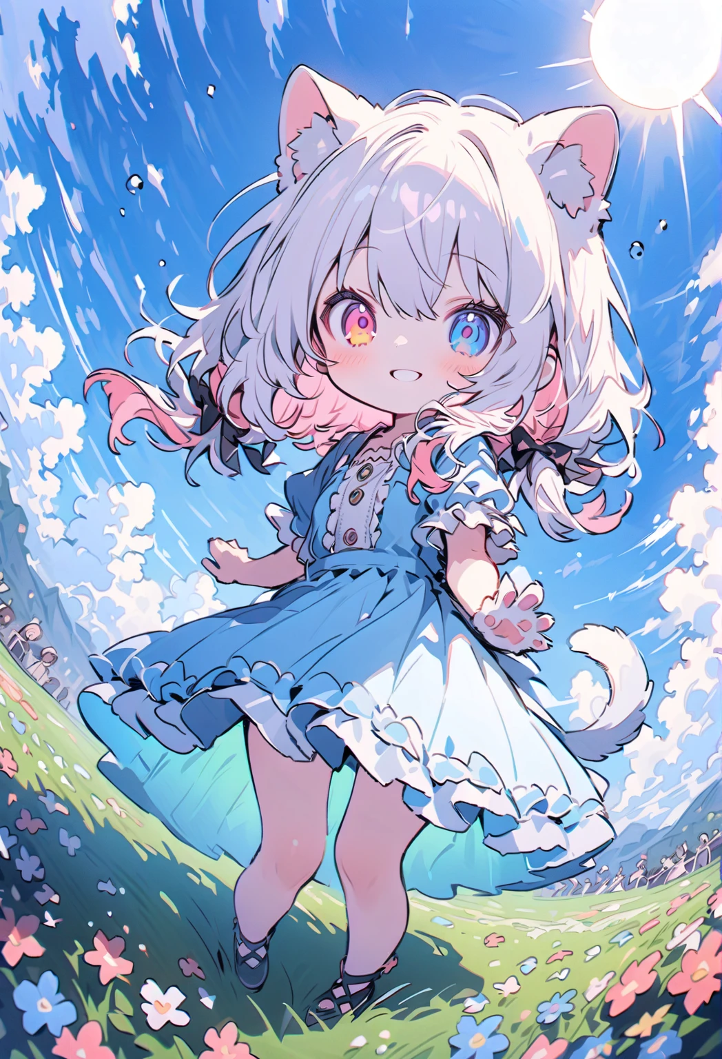*8k Masterpiece, Top Quality, Best Quality, Official Art, (Beauty and Aesthetics: 1.3), Extremely Detailed, (Fractal Art: 1.3), white hair. female. blue eyes. cat ears. cute soft smile. fluffy cat tail. pink sweater. leg warmers with big shoes. stars and candy background