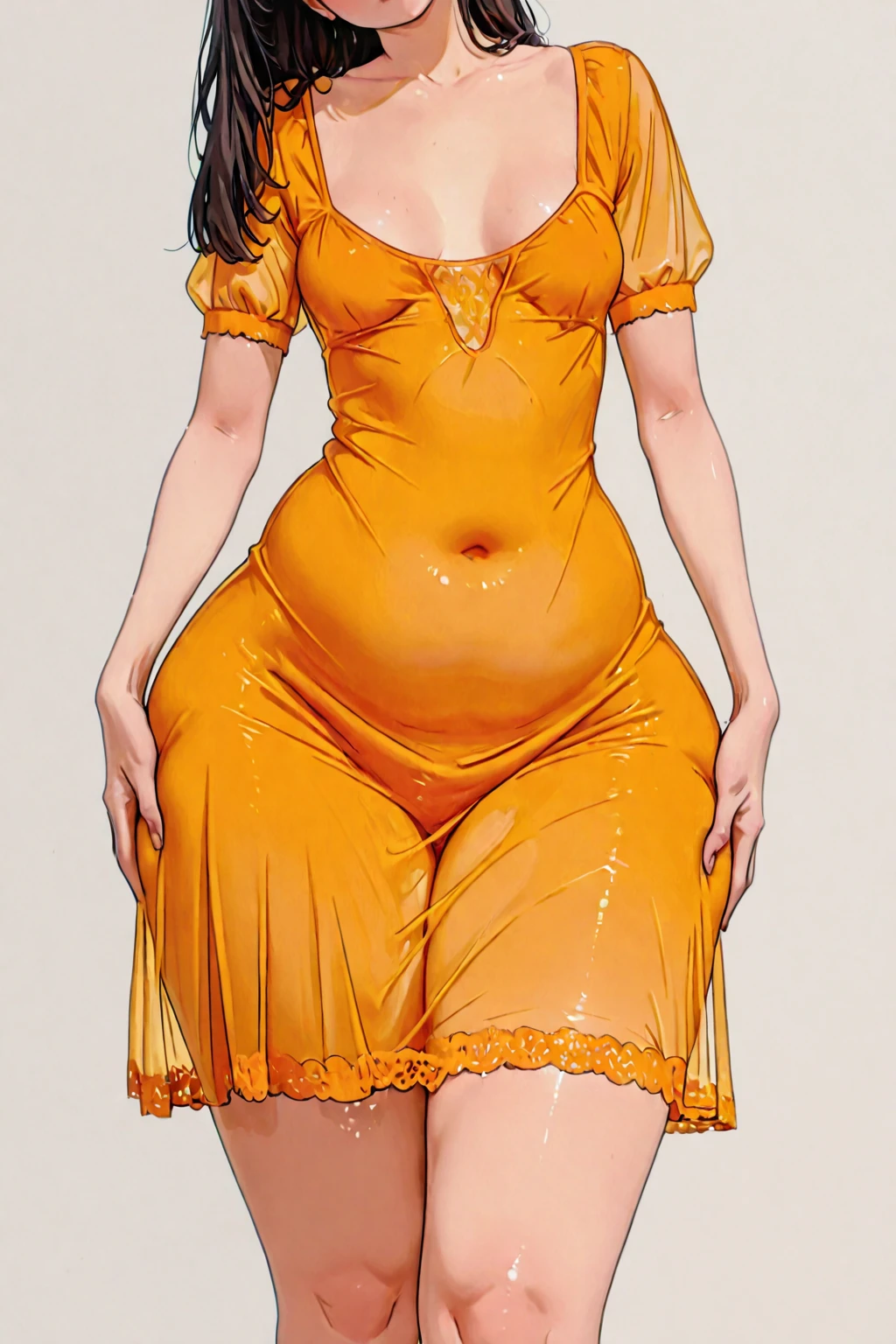 Full body image of Pepa Madrigal from Encanto, full body in image, wearing her original outfit (yellow dress with sunflowers), long curly red hair, female body, curvy and expressive body, dynamic pose, detailed pose, simple background, expressive face showing concern, focus on face, line art, sketch