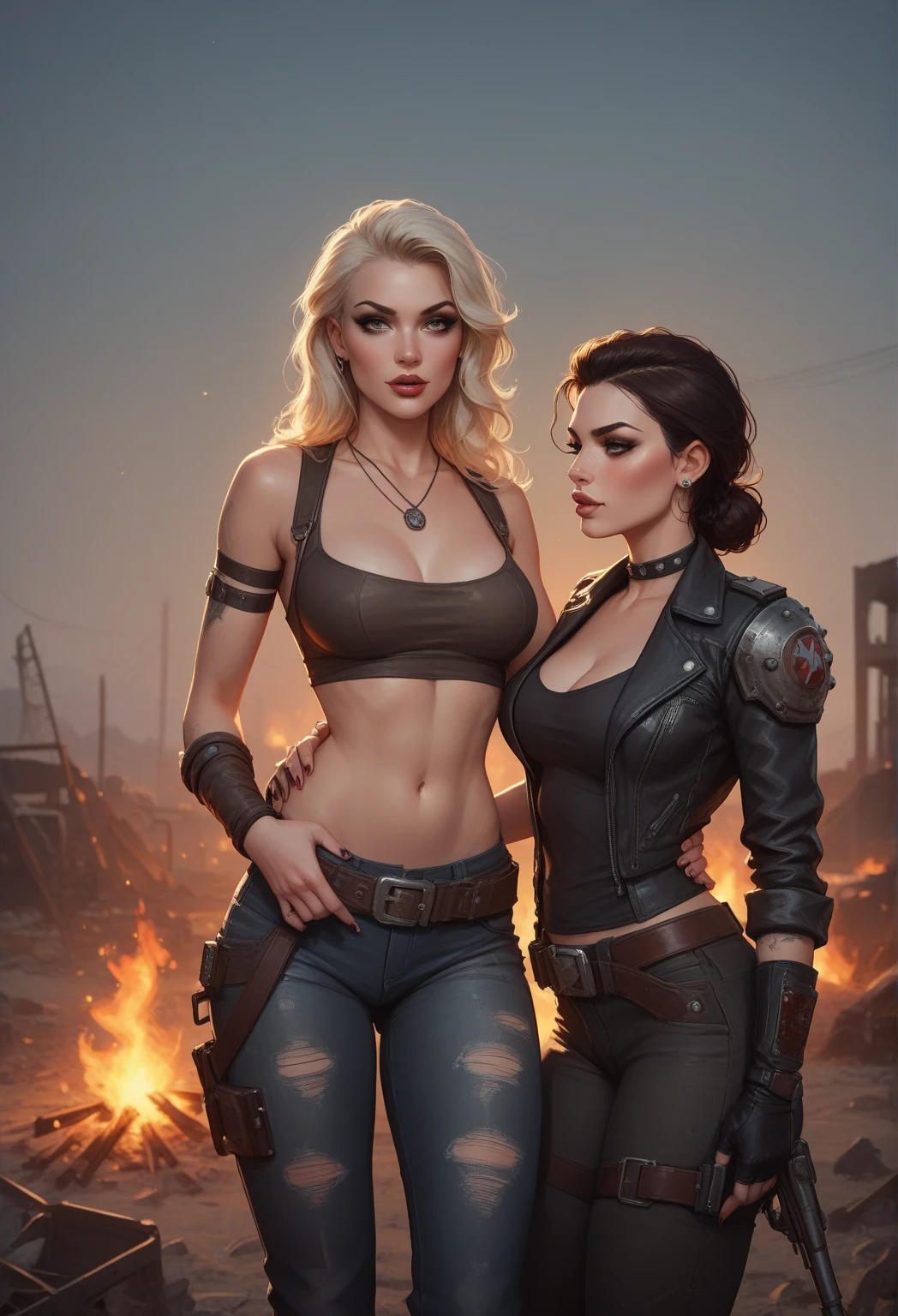 2 girls, close up shot, (gray hair, medium hair, big breasts, blue eyes), perfect anatomy, city, cyberpunk style, ((white shirt, black jacket, black skirt, belly button, belt, black gloves, tie, watch, earrings, You can see through the black leggings)), ((holding a gun)), war, ruined city, battlefield, rubble, building,cigarette