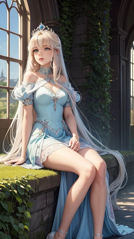 A 16-year-old girl princess, beautiful face, slightly sleeping eyes, long beautiful eyelashes, perfect body proportions, slender legs, delicate and beautiful hands, exquisite colorful dress, dress white lace, white silk stockings, crystal shoes, silver-gold long hair, soft long hair, sleeping on the ruins, the scene is a broken palace ruin, thorns grow around, peacock feathers decorated with dress, banshee eyes made into gold necklace, small crown