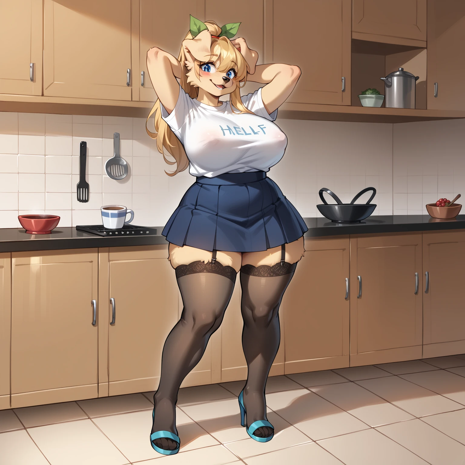 (anthro, fluffy fur, character focus:1.1), 1girl, anthro dog girl, body fur, solo, medium breasts, (thick thighs:0.3), curvy,(skirt:1.2) bra bodysuit ass (slimbra:1.4) (transparent bra:1.5) ribbon on the left leg