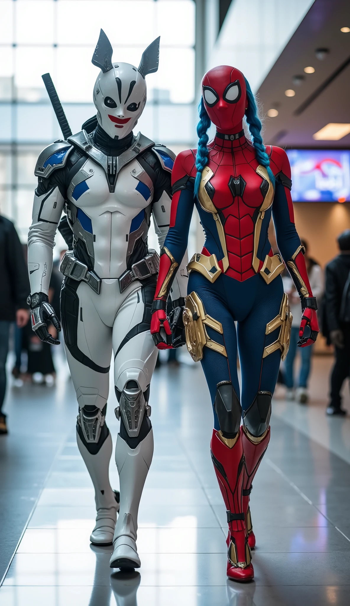 character: 1 man with mask full head Wearing futuristic white Deadpool body suit with blue silver armor futuristic white accents, and 1 woman with mask blue hair with two braids Wearing futuristic red Spiderman body suit with gold silver armor futuristic white accents Big breast open chest . They Looks Europe face.
action: Walk straigh. They look at the camera.
Expression : smiling.
Background : A bright indoor public space , with people vaguely seen in the distance, shows that this picture was taken at a fun event or get-together, maybe a convention or costume . They radiate happiness as they walk confidently in their superhero costumes. Show the whole body.