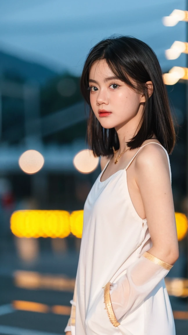 masterpiece, best quality, Miranda, (Half-length photo,Street Lights,moon),masterpiece, 1 Girl, Solo exhibitions, Beautiful woman on the busy street, Surrounded by vendors, Beautiful goddess girl portrait, Beautiful and delicate face, Porcelain skin, (((Half-length photo, center, night, Black Hair, short hair)), Super soft light, symmetry, complex, grace, High Detail, realism, Art, concept Art,