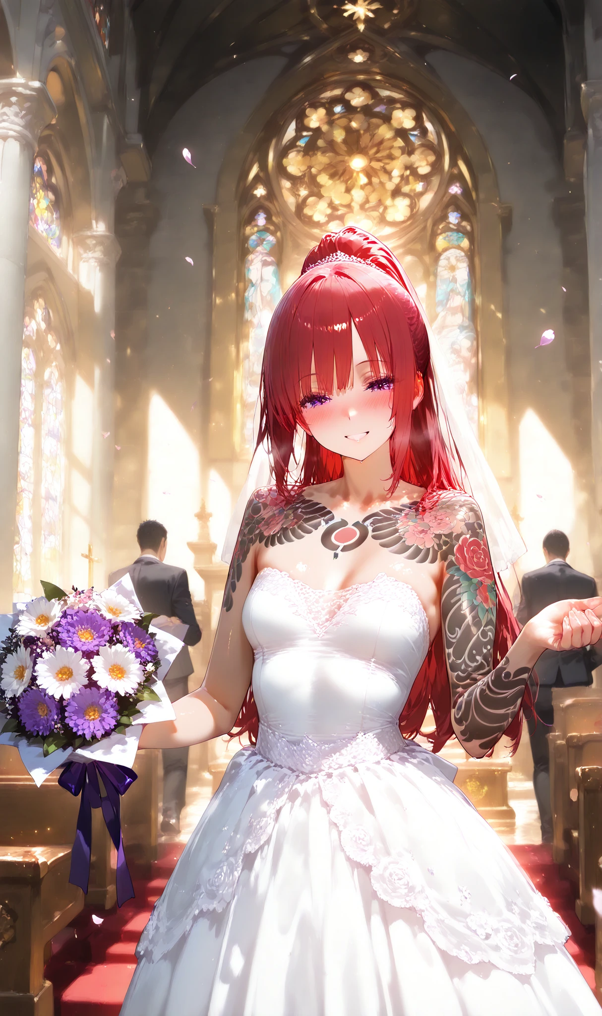 1 girl, alone, high resolution, masterpiece, best quality, detailed CG, detailed face, detailed skin, small , purple eyes, red hair, long hair, high ponytail, bangs with a tuft, blush, bright, smile, yakuza tattoos, arm tattoo, full-body tattoo, tattoo, shiny, wedding dress, altar, church, bouquet of flowers in hand, falling flowers, fantasy, romantic, dynamic pose