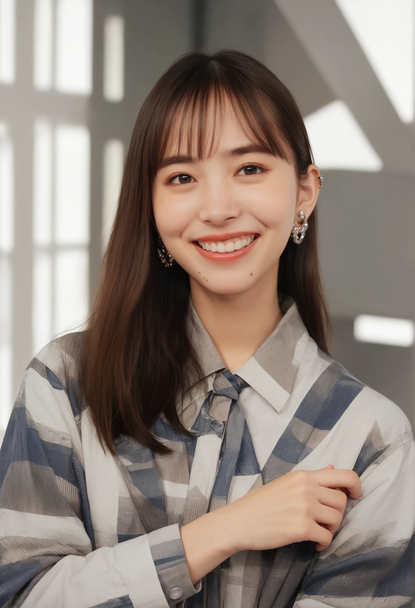 Neat Young Woman、and look at the camera、office lady suit、jacket、shirt、Hairstyle ショートカット、 pale brown hair、smile showing teeth、dark eyeshadow、ear piercing、Background is in a room