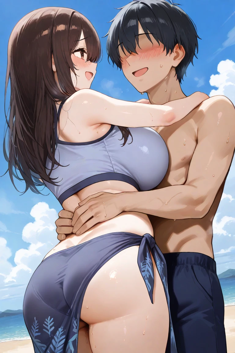 (Masterpiece, Top quality: 1.5), nsfw, (large breasts:1.3), ( white bikini:1.4), standard weight, ( brown hair:1.4), (airy hair, wavy hair:1.3), long hair ,asymmetry bangs, swept bangs, old, (flustered:1.3),  sexual climax:1.2, open mouth, beautiful scene of beachside , dynamic pose, (wet:1.3),(1boy and 1girl are having sex:1.3), (breast grab from behind:1.3), a boy is with black hair, (cum:1.1)