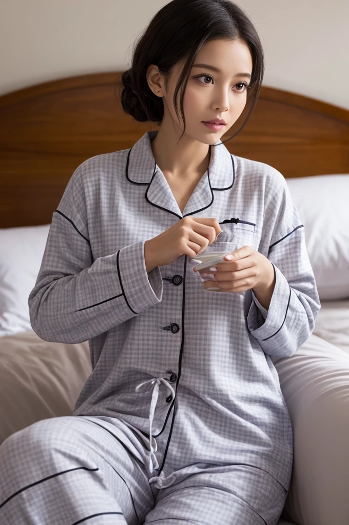 Surrealism, high detail, movie lighting, Ray tracing, First Perspective, Shoot at eye level, ultra high definition, masterpiece, Textured skin, 4K, best quality,middle aged woman,Open your mouth,Close eyes,wearing pajamas,on the bed,moan