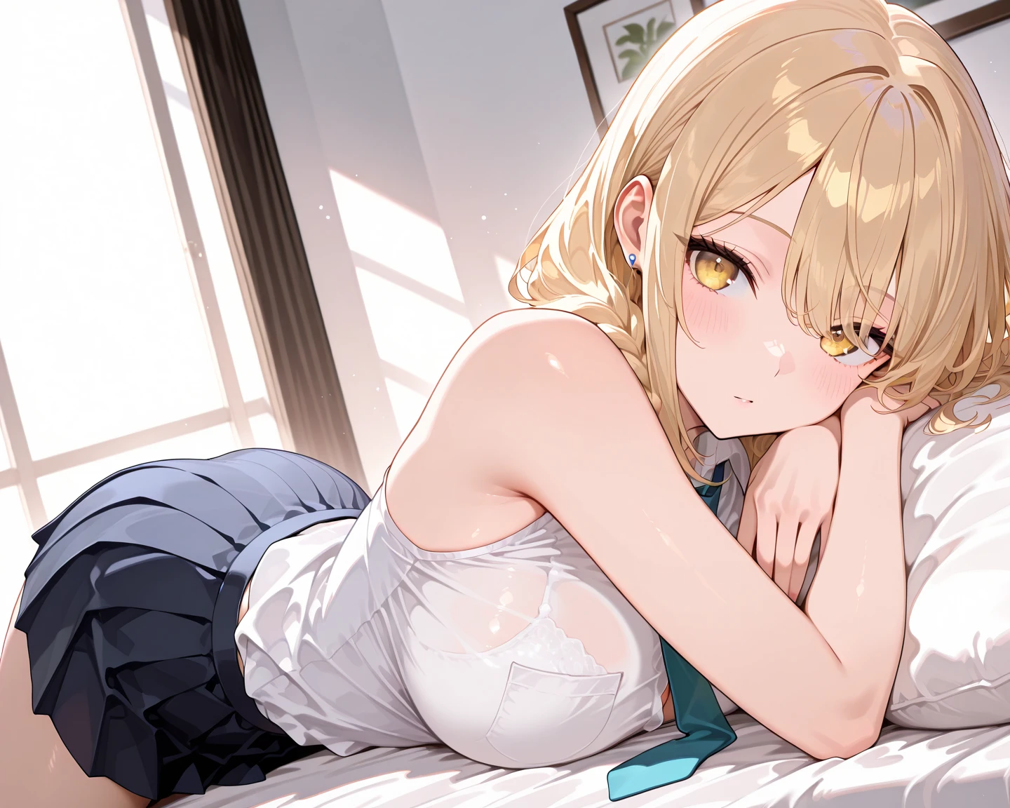 (Sit with your legs apart), (Crouching pose), (A composition showing white panties), (her legs spread、White panties are visible.), (Sit on the floor with your legs spread), (M-shaped feet), Thin legs, A very beautiful and tall 18 year old girl, (No shoes), blush, Shy big eyes, looking at the camera, blazer uniform, Checkered Pleated Skirt,
②:Highest quality, Anime Moe Art Style,最高のアニメ8Kこなちゃんの壁紙,pixiv Contest Winner,Perfect Anatomy, Very detailed,High resolution,Very detailed肌, Professional Lighting,8K ,
③:(One Girl:1.5),(:1.7),(alone,13 y),high school student, (short hair:1.3), (straight hair:1.6),(normal breasts),(hair over one eye:1.8),(light blonde hair:1.8),Complete limbs,Full Finger, blue red gradation eyes, hairpin, beautiful detailed eyes, (pale skin:1.5),tareme,sparkling pupils,
④:shoot from above,(close up:1.5),
⑤:camisole,(white bra),(black sports shorts:1.Tying with a string)barefoot:1.5),
⑥:bed,on stomach, (lying)
⑦:(indoor),(Cute Girl's Room:1.4),(Instagrammable fashion photo corner:1.2),(unique framed statement mirror:1.4),
(fashion runway style rug:1.2),(Customized closet filled with trendy clothes:1.2),(Fashion Magazines:1.2),
(Cute decoration:1.4),(chic lighting fixtures:1.4),(Specialized area for fashion accessories:1.3),(高级饰品:1.2),(Plenty of storage for shoes and accessories:1.2),(bed:1.5)、