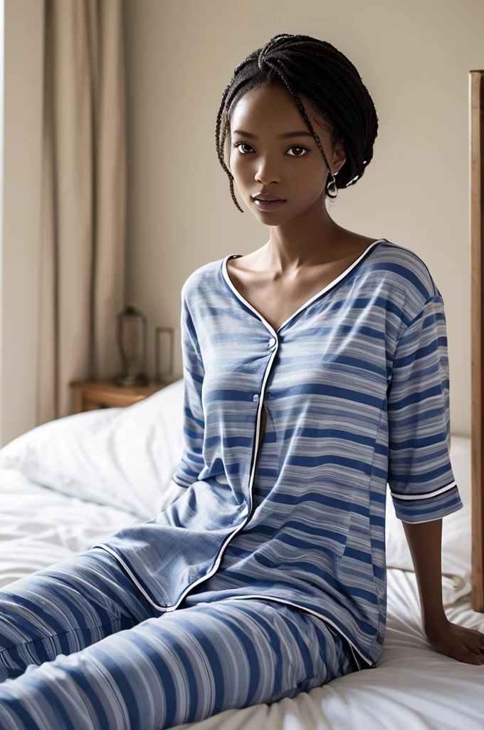 Beautiful dark skin girl in tight blue pajamas