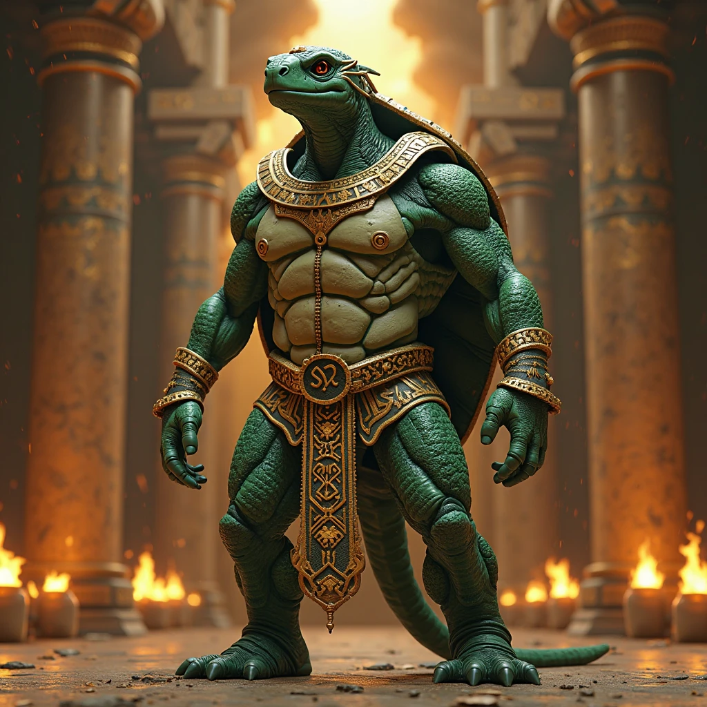 A muscle male alligator, a muscle male lizardmen with full aztec clothes , showing his butt, yellow ligth, seductive face, show legs and small feets