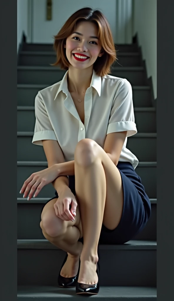 (Best Quality, 8k, 32k, Masterpiece, UHD: 1.2), Cute Japan Woman Picture, Short Hair, M-Shaped Legs Sitting, White Open Shirt, Simple Background, High Heels, Camel Toes, Beautiful Legs, Glossy Skin