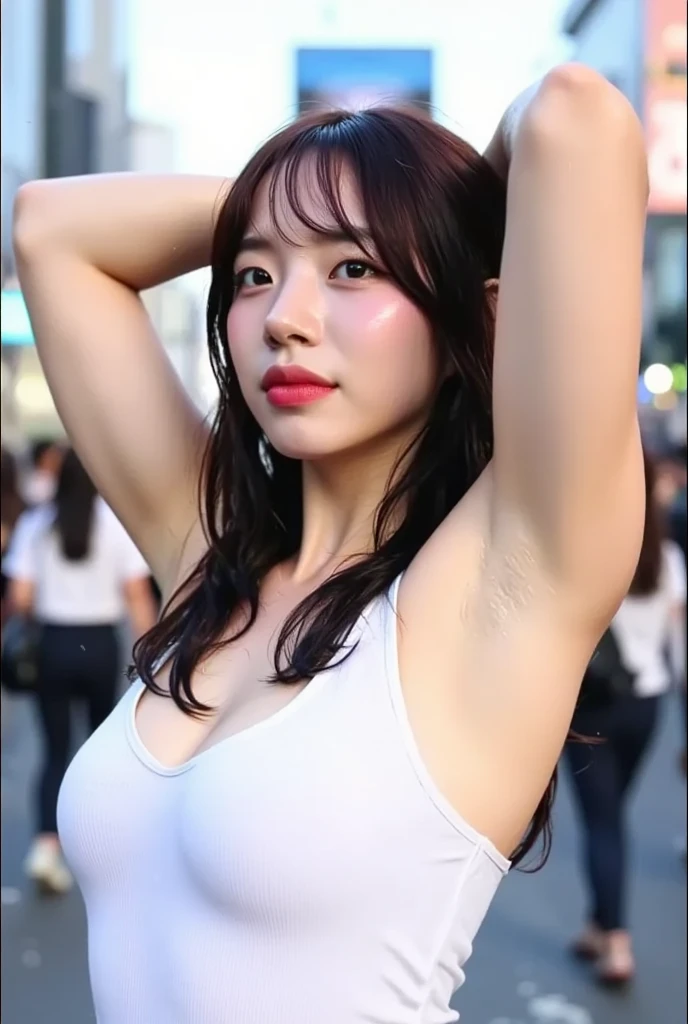 attractive korean woman, ripped muscle, muscular body, small breast, pale skin, smile(blush), nude, cross pendant, sixpack abs, [ultra detailed skin:1.2], brown hair, messy long hair, 8k uhd, full body, stand, public, crowd, rain,