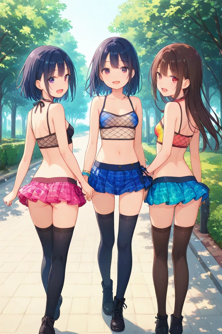 Very detailed, highest quality, High resolution, Moe Anime, ((4 cute girls with black hair and droopy eyes)), Blue Eyes, Cute eyes, Big eyes, tareme, View your viewers, Pale skin, Focus on the face, In the park with cherry blossoms falling, ((The upper half of the body is covered in see-through underwear, and the lower half is naked.)), ((nsfw:1.2)), ((Very short hairstyle:1.5)), (Slightly below:1.2), ((Flat Chest:1.4)), (arms behind back:1.4)