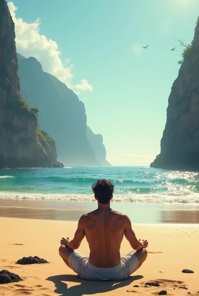 A man meditating in a reflective pose, on top of a cliff by the sea, where it is possible to see the horizon and the sunset. The image should evoke a sense of inner peace, clarity, and harmony. The image should represent the concept of personal growth and emotional balance. 1280x720 pixels.