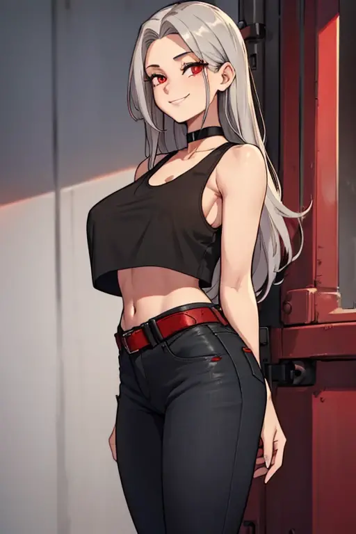 female, silver long hair with black highlights, red eyes, (((1girl))), (((red cropped tank top))), (black denim jeans), (brown boots), (black belt), (black choker), cute and sexy, full body, large breasts, large butt, long legs, smiling