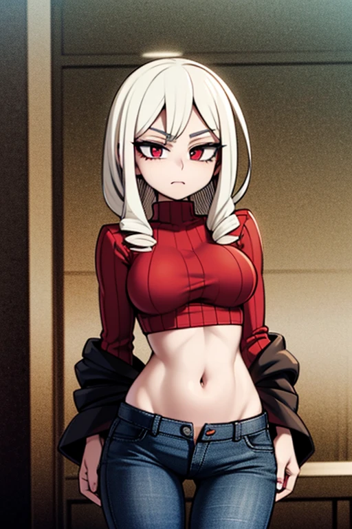 muscular yellow eyes pale skin girl sad cleavage  blushing frown sweaty long straight hair long straight hair