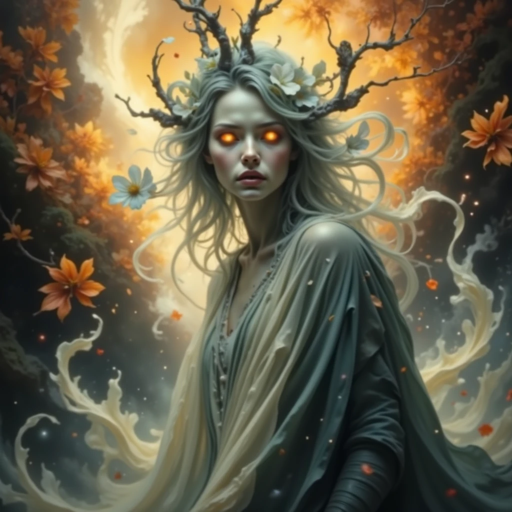 1 female beautieful witch at a bonfire, cloaked, floating in the wind, night scene, creepy trees, masterpiece, 4k, high detailed, dark fantasy
