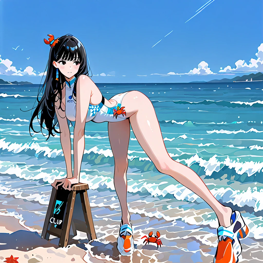 1girl, li, ocean, bikini, urine, seagull, flat chest, blue hair, high quality