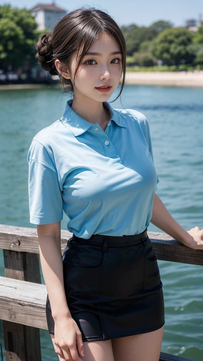 polo shirt、pantyhose/stockings、during、nsfw,revealing、Bite、Erect nipples、Wet T-shirt、Beach、Blue hair、Mansuji、Leg opening