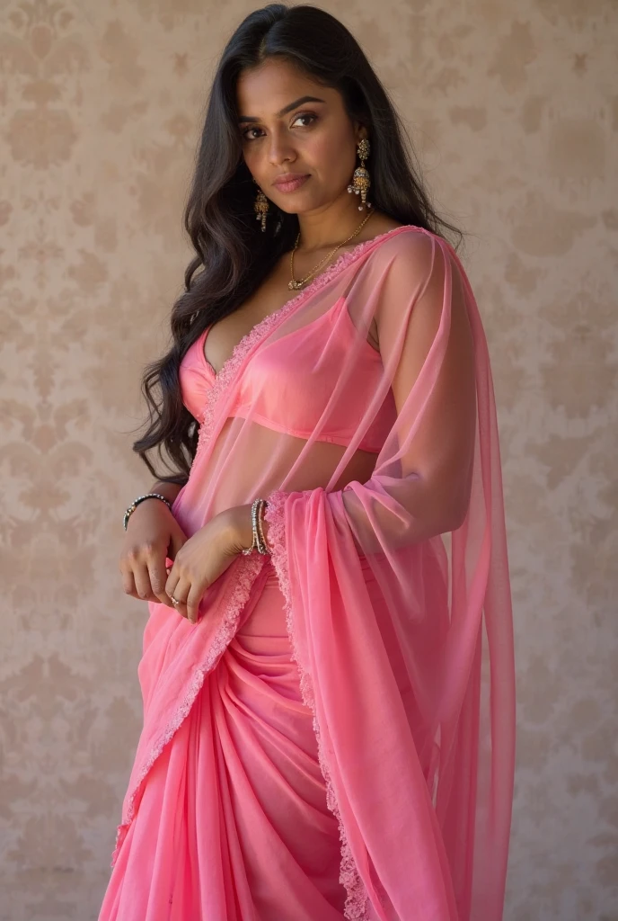Bengali sexy chubby face and fit body aunty at age of 30 in Rajasthani transparent hot peacock-pink net-blouse and long transparent net-skirt and showing her sexy full body structure mud house at desert