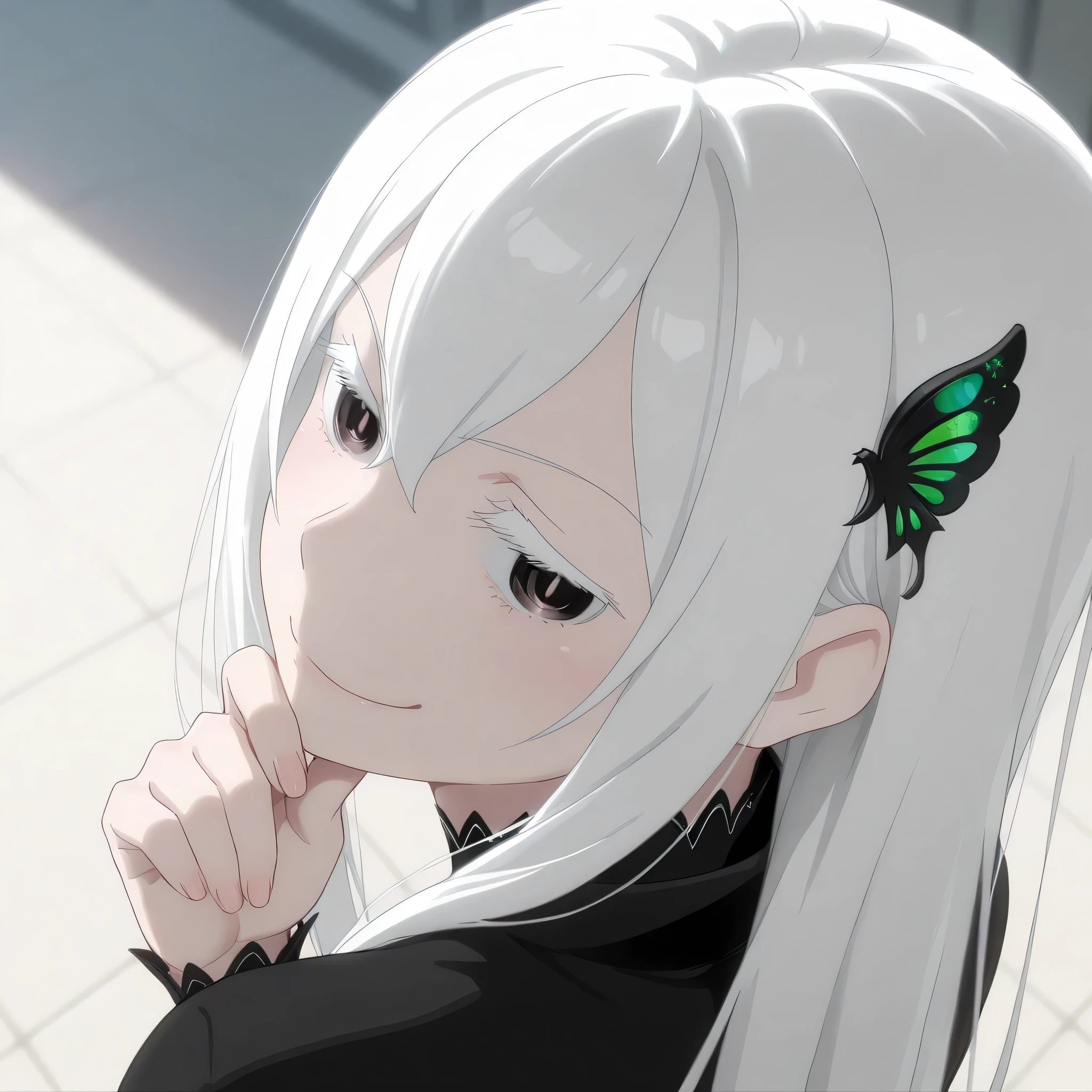 echidna rezero, looking confident, head tilt, smug face, hand on chin, 1 girl, view from above, looking at back, dynamic angle