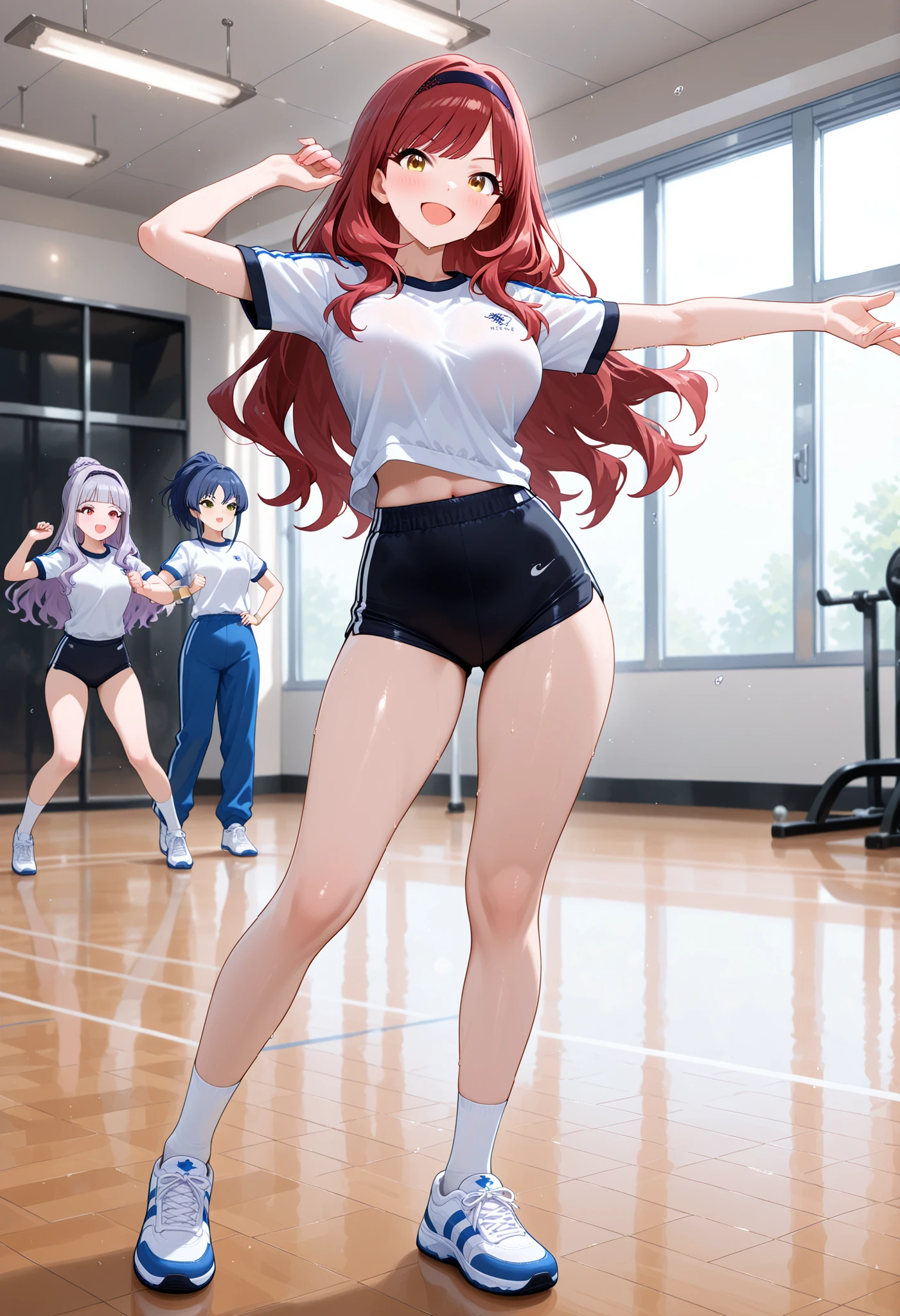 masterpiece, 最High Quality, High Quality, Midea,  Gym Clothes, 最High Quality, 4K, luxury, Midori Linguro, ((Duo)),                                                ，The Idolmasterアニメの公式アート, one girl with arms{takane sijou,sijou takane（/The Idolmaster/)}}, もうone girl with arms三浦梓（/The Idolmaster/)BREAK, Dance practice室、 indoor， Dance practice， sidemap , full body photo, detailxl, 