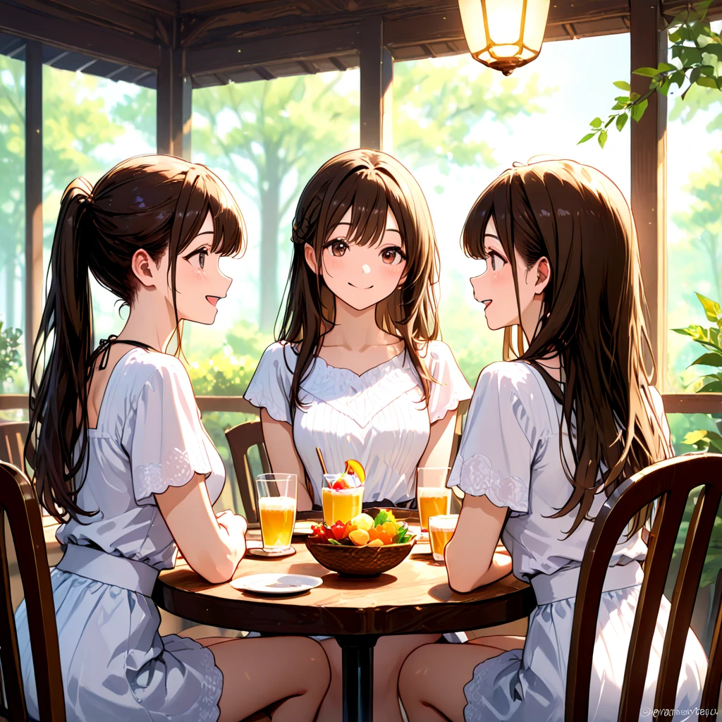 long hair, multiple girls, brown hair, sitting, boots, multiple girl, cup, chair, table, alcohol, 6+girls, lantern, (mushroom), cheerful smile,