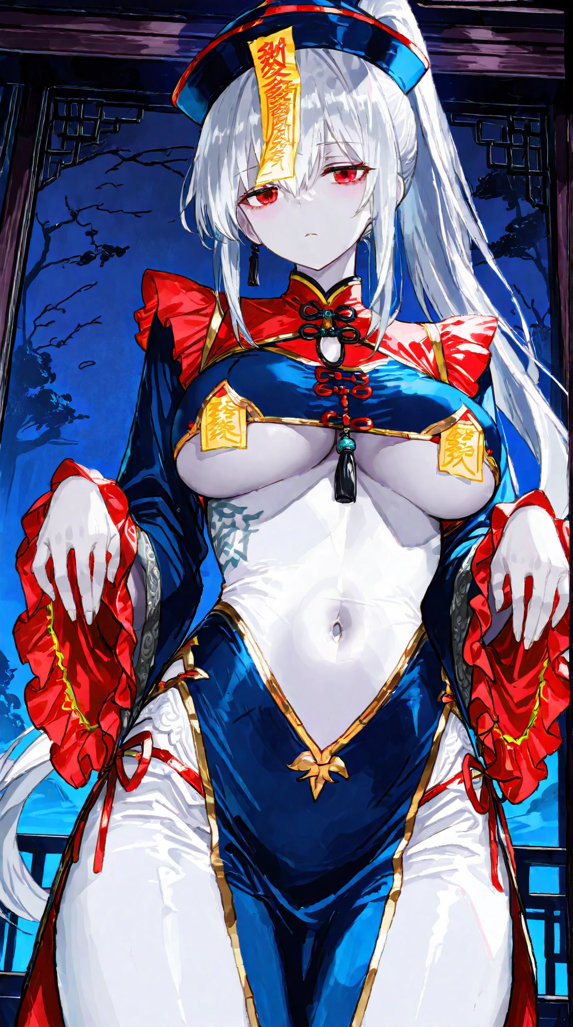 ,colorful,(masterpiece:1,2), highest quality, masterpiece, High resolution, original, Highly detailed wallpaper, One girl ,smile,alone, Grey Hair, blue eyes, original_Costume,Red Cape,White pants, gloves, chest, uniform, large chest　Very detailed, Seductive erotic woman with horns, A shirt that fits snugly against the skin, (Big Breasts, My breasts are so big they tear my shirt, Redhead), Focus on the face, Focus on the face, Complex eyes,Nipples are visible　Spread your legs　American