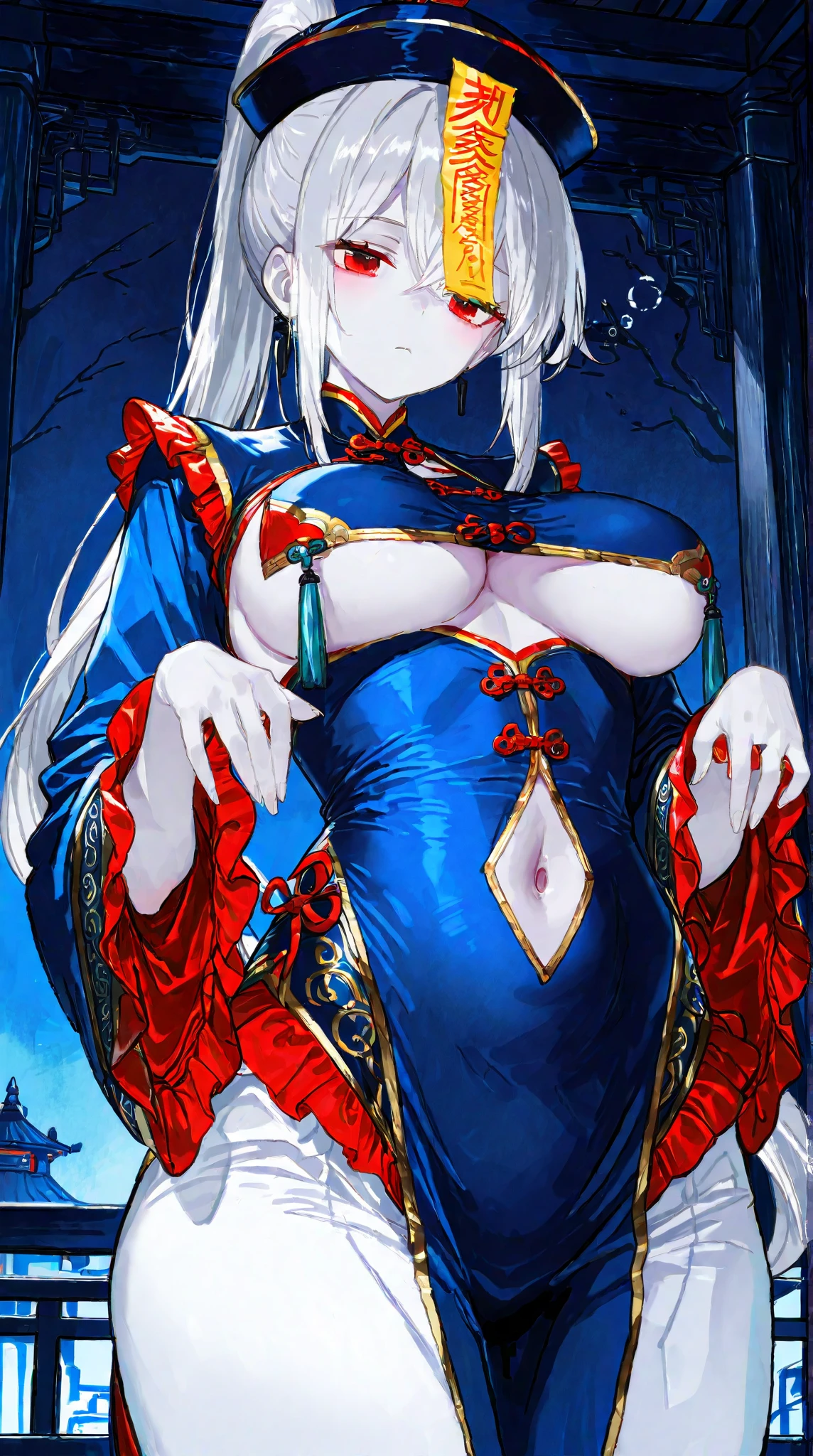 pure,elegant and charming,happiness,gentle expression,in love,(Colorful Hanfu,Meticulous and beautiful design),black gloves,silver hair,blue eyes,See through transparent clothes,Stylish hair accessories,Transparent lace,Carving pattern,dress nicely,The background is an old Chinese palace.,inside the hall,elegant gesture,nighttime,black,The details are amazing.,sacred magic,light particles,The face and eyes are exquisite and beautiful.,Lightly redraw,finger repair,big breasts,Show your breasts,The cracks are clear...,((big tits)),(pubic bone), rift, visible chest, ((bare breast:1.37)), I see bulging nipples.,(((large areolae:1.4,pink,The nipples are clearly visible.....))),big breasts,Show your breasts,The cracks are clear...,((big tits)),(pubic bone), rift, visible chest, ((bare breast:1.37)), I see bulging nipples.,(((large areolae:1.4,pink,The nipples are clearly visible.....))),(((pussy,bare female genitals)))