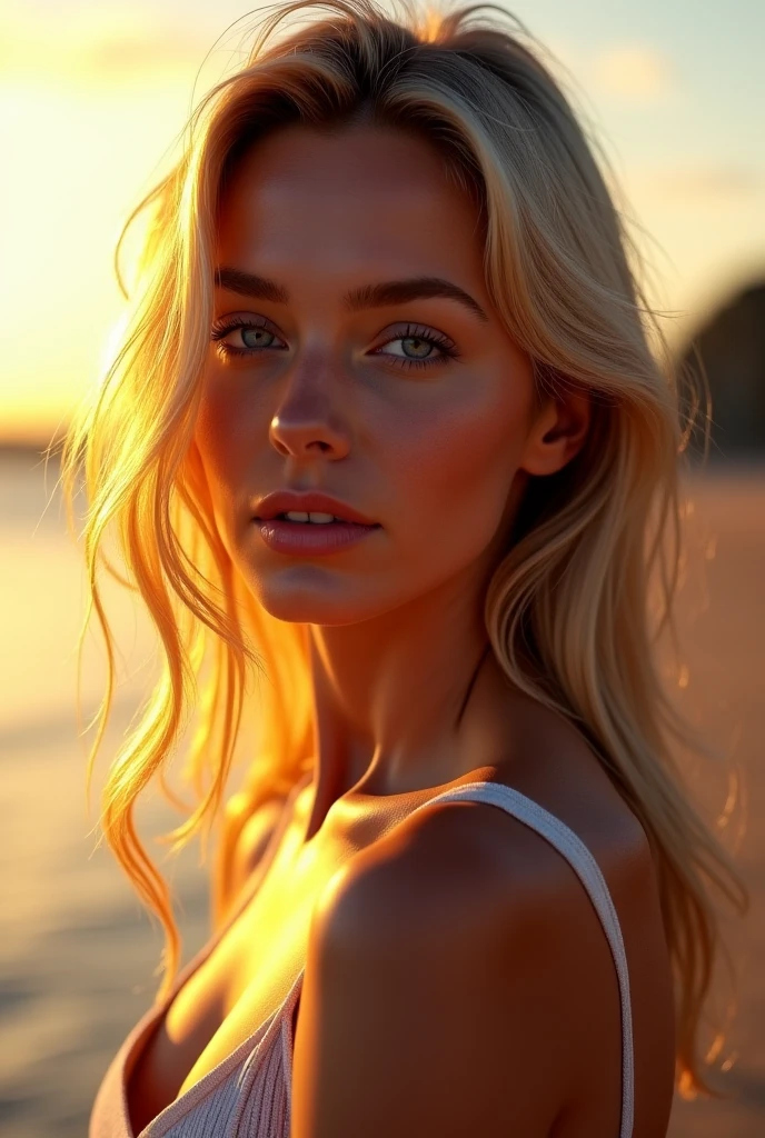Realistic, Photogenic, With the sea in the background, Wearing uniform, Top button of the shirt is undone, The chest is slightly exposed, the skirt is short,、Slightly above the thighs, Mid-length hair, Hair color is a blend of blonde and brown, Hair blowing in the wind, My hair is messy and disheveled, Severely sunburned skin, Slender figure, Skinny Chest, Bold, bright makeup, Small Mouth, Small Nose, Smooth jawline, Glossy face, Cheeks stained red, Open mouth and big smile, Making someone feel comfortable, Detailed eyes, Oblique eyebrows, Detailed lips, Close-up photography, photoRealistic, Very detailed, 8k, Highest quality, masterpiece, Vibrant colors, Dramatic lighting, Structure of the film, Digital Art、K-Pop Girl
