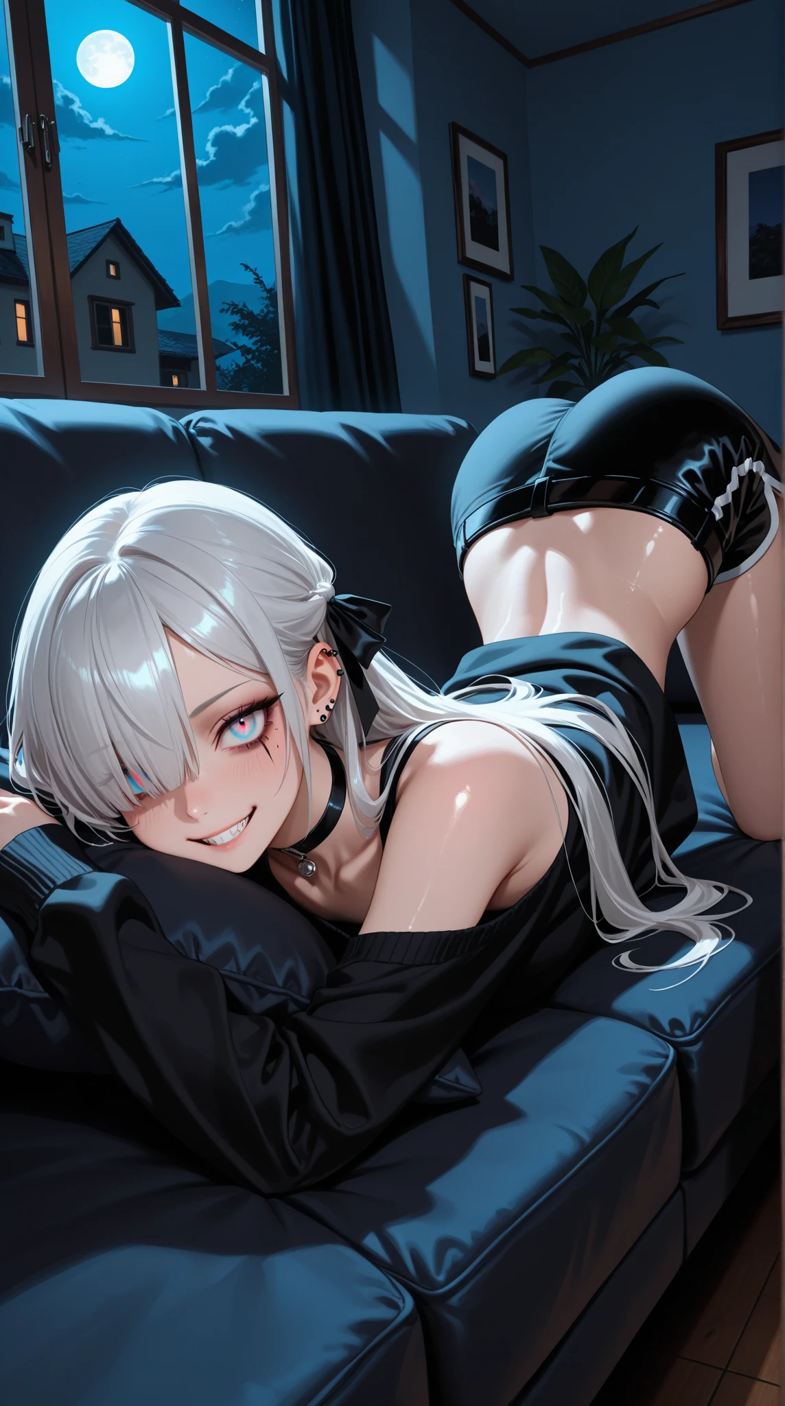 (Finest quality)),(超A high resolution),(ultra-detailliert),(Meticulous portrayal),((Best Anime)),(Finest works of art),Ultra-Precision Art,The art of astounding depiction, cyberpunked, Small, dark room:1.5,PC, (1人の女性:1.5),Sleeping on your back on the bed:1.3,latex bikini,Slim body