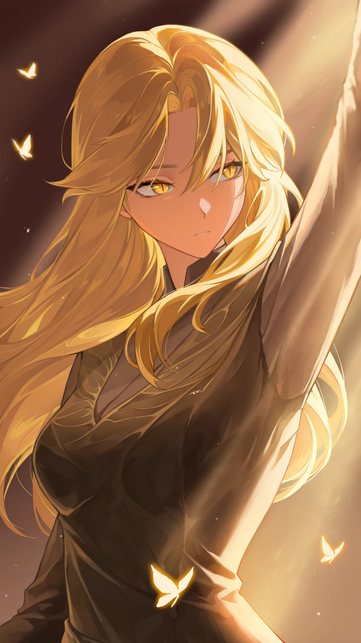 by [arknights|(748cmstyle:0.5)], god rays, cinematic shot, dramatic lighting, adult, masterpiece, best quality, amazing quality, very aesthetic, high resolution, ultra-detailed, absurdres, manwha, Solo Max Level Newbie, Webtoon,
1girl, solo, alone,(dynamic pose, side eye, looking over her shoulder, looking to the side, upper body focus, action shot, three quarter view, medium close shot:1.2), , hair between eyes, slit pupils, escoffier, fairy, blonde hair, parted bangs, butterfly dress, fairy, blonde hair, parted bangs BREAK, depth of field, volumetric lighting 
 
