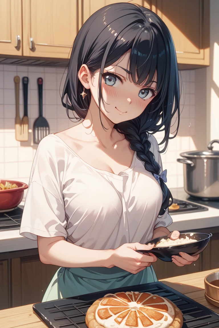 Japanese adolescent female, long hair, brightly smiling, wearing white crop top shirt, wearing pleated miniskirt, posing in kitchen
