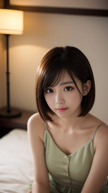 highest quality、masterpiece、High resolution、4K、real 18 year old woman、Light blue bra、hort hair、Pink Room、bed、1 girl、