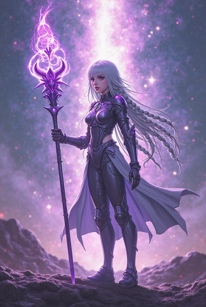 A futuristic anime warrior princess standing on a glowing digital battlefield, wielding a magical cyberstaff that emits swirling purple energy. Her silver hair flows in braids with glowing tips, and she wears a high-tech armored suit with holographic runes. Behind her, a galaxy-like rift pulses with arcane power. Epic lighting, ultra-detailed, vibrant colors, 4K, cyber-fantasy style, concept art.