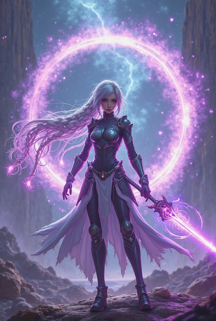 A futuristic anime warrior princess standing on a glowing digital battlefield, wielding a magical cyberstaff that emits swirling purple energy. Her silver hair flows in braids with glowing tips, and she wears a high-tech armored suit with holographic runes. Behind her, a galaxy-like rift pulses with arcane power. Epic lighting, ultra-detailed, vibrant colors, 4K, cyber-fantasy style, concept art.