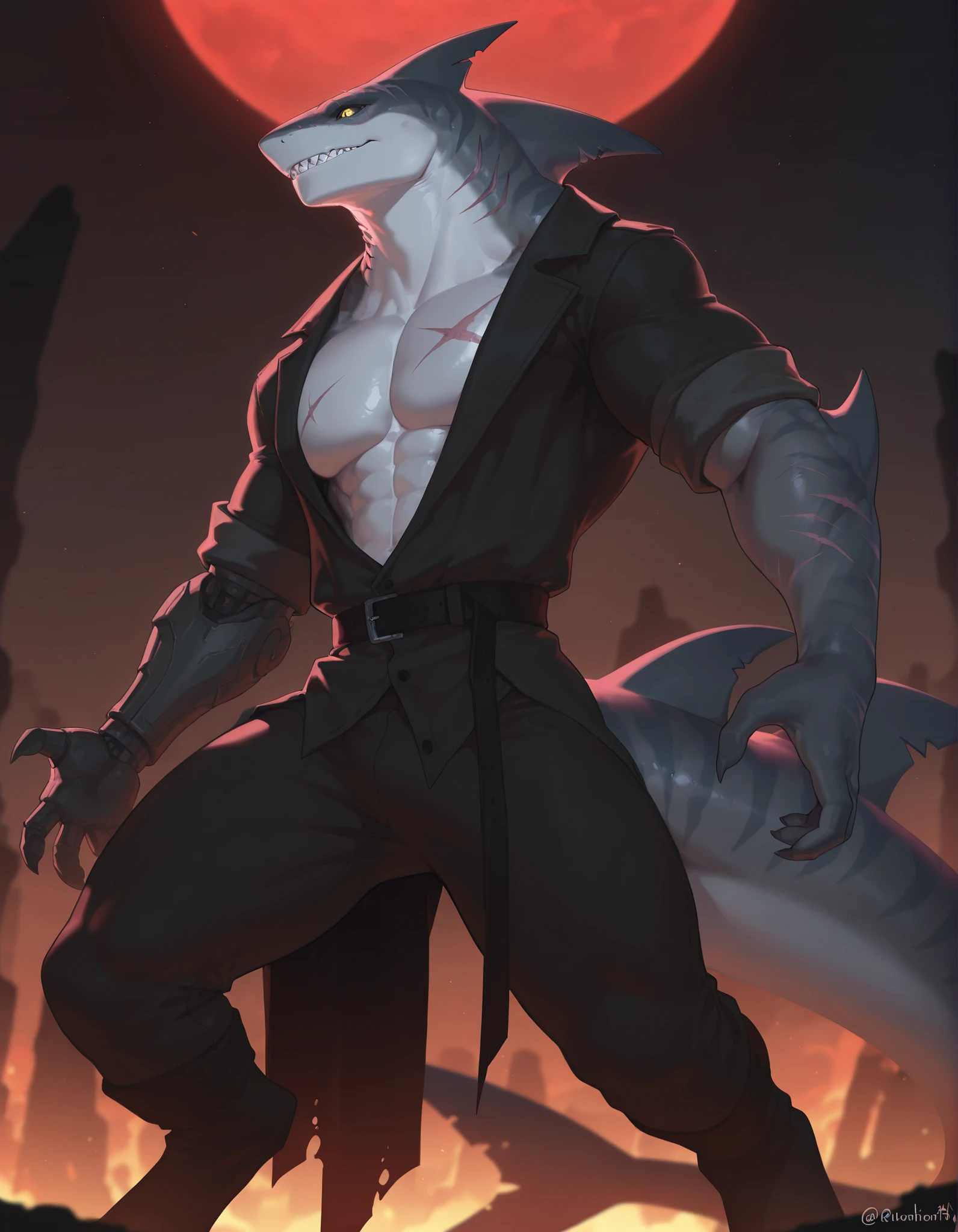 masterpiece, best quality, amazing quality, very aesthetic, absurdres, newest, scenery, extreme detail, 8k, dnd character, anthro shark, detailed eyes, yellow eyes, by Riolutiny, anthro, shark, male, scalie, anthro shark, anthro megalodon, hunk, gray body, strong hands and fins, black back, solo, bara, detailed skin, scars, lizard shark hybrid, thick tail, hunter, strong, scalie torso, detailed muscles, detailed muscular arms, mechanical prosthesis of the left arm up to the forearm, wearing open black shirt, rolled up sleeves, wearing dark coat, digitigrade legs, thick legs, proporcional body, wide chest, buffed muscular torso, abs, trapezoid body type, marked jaws, thick shark tail, masculine, thick scales on arms and legs, muscular legs, proporcional body, wide chest, trapezoid body type, wearing pants, marked jaw, scars, pensive, upper body focus, fantasy room background, dynamic view