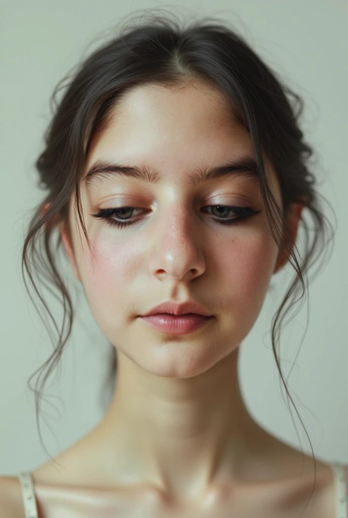 A girl staring straight with no emotion on her face as her one eye covered with a hand. She is staring straight with her one eye opened and other eye closed by the hand of someone's. She has little bangs and she is so beautif. One other hand is on her neck as they seems like threatening her. But she looks strong.