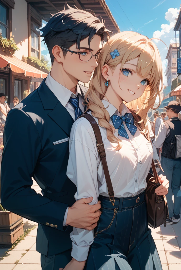 Guy, anime, manhwa, emo, soft glasses, average blonde hair, with one woman, voluptuous, not glasses, couple selfie, smile, park background, school.