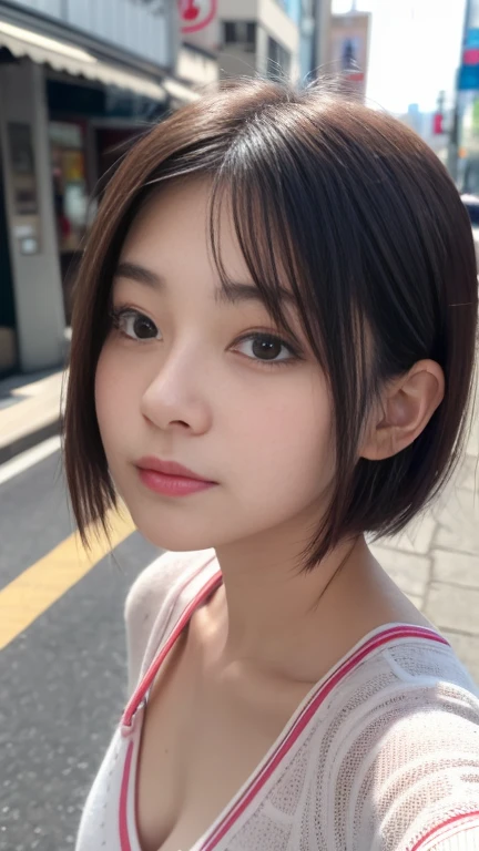 (Masterpiece:1.3), (8K, Photorealistic, RAW photo, Best Quality: 1.4), Japan People, (1 girl),25 years old, Beautiful Face, (Realistic Face), (Black Hair, Short Hair:1.3), Beautiful Hairstyle, Realistic Eyes, Beautiful Eyes, Beautiful Eyes, (Realistic Skin), Beautiful Skin, Attractive, Ultra High Definition, High Definition, Close Up, Portrait, Golden Ratio, Detal Face, Look at the Beholder, Smile, (Shoulder Look), Middle Chest,