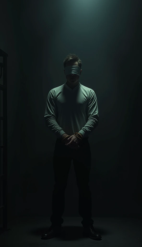 a beautiful handsome naked huge muscular male prisoner, standing blindfolded with his head in a full mask, full body view, in the corner of an empty darkened room, seen from a low angle