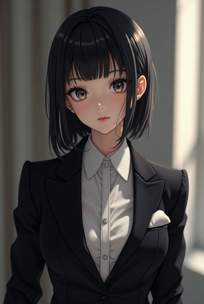 Black haired character elegant suit white leather anime style