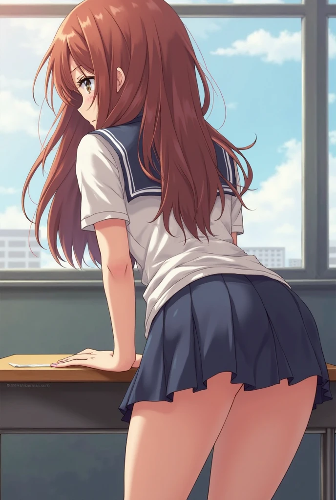 highest quality,best quality,1girl,((big breasts:1.3)),closed mouth,orgasm,blush, sweat,Nanoha Takamachi,takamati nanoha,((long hair,straight hair:1.3)),white shirt,pleated skirt,blue skirt,mini skirt,panty shot,upskirt,lift skirt,white panties,lace panties,classroom,full body,looking back