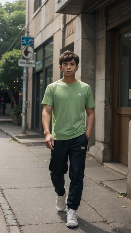A cute teenage boy, blue eye, Caucasian skin, freckles on the face, Nike green t-shirt, green reflective leggings Nike, lime green hair, crying a lot, at the forest, at night, raining heavily 