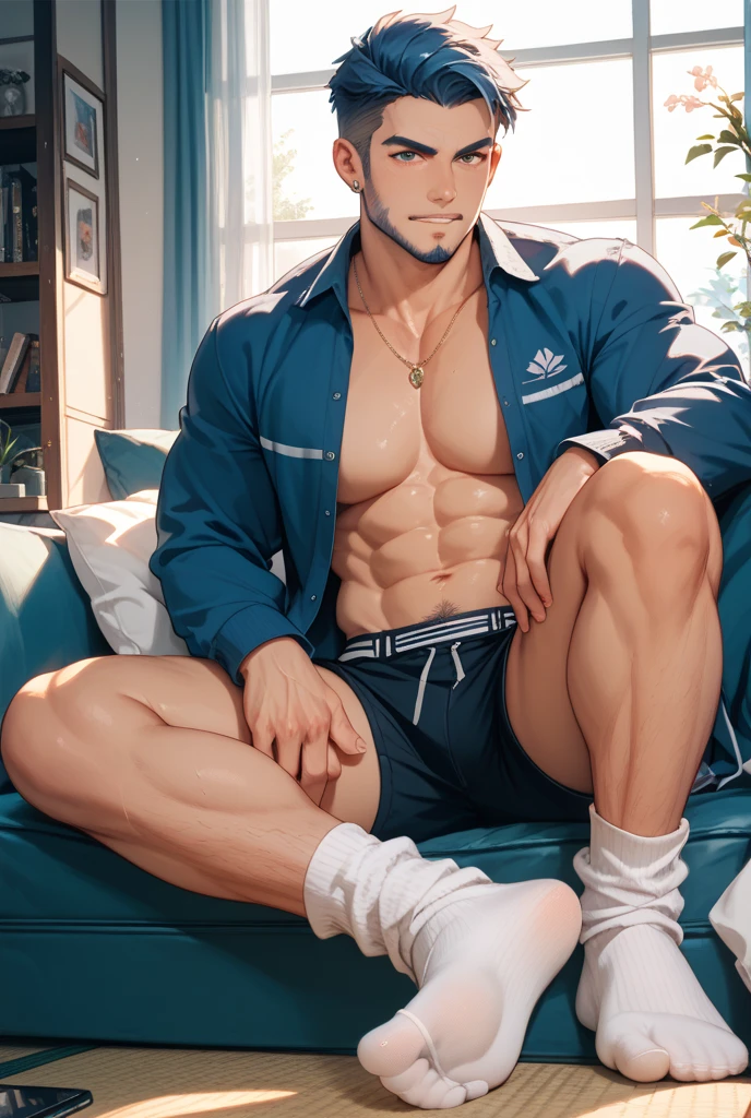 in hentai+ yaoi+anime style anime style high-chorma colors palette , simetryc composition, ultradetailed art style, oil painting, fullbody, perfect compositicion, perfect anatomy, dramatic, natural lighting, a young gorgeous, handsome, tall, perfect feet, latino , detailed realistic muscles, simetryc body, He is shirtless, barefoot wearing blue jeans, sexy gaze, smirk he is sitting on a modern sofa, spread legs staritning to the viewer smiling in the background, large dalle painting