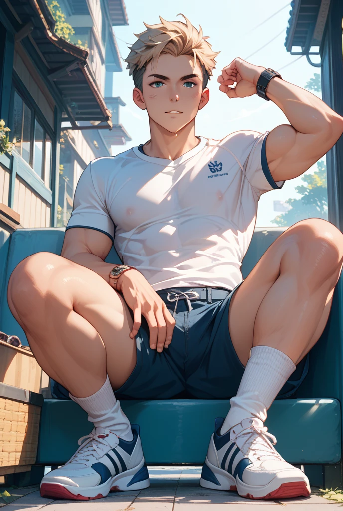 shirtless handsome manly short black hair caucasian male in tattered short jeans and sneakers, holding a bottled water, shirtless, sweating profusely, drenched with sweat, exhausted, panting, inside the bus station, inside the bus station is crowded with people