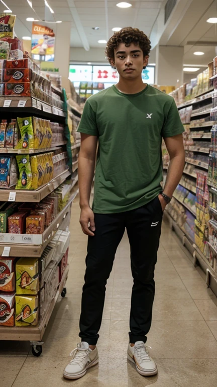 3D caricature animation, a 25 year old Indonesian man with a slim body, wearing shorts, a sweater and a hat is opening a grocery store